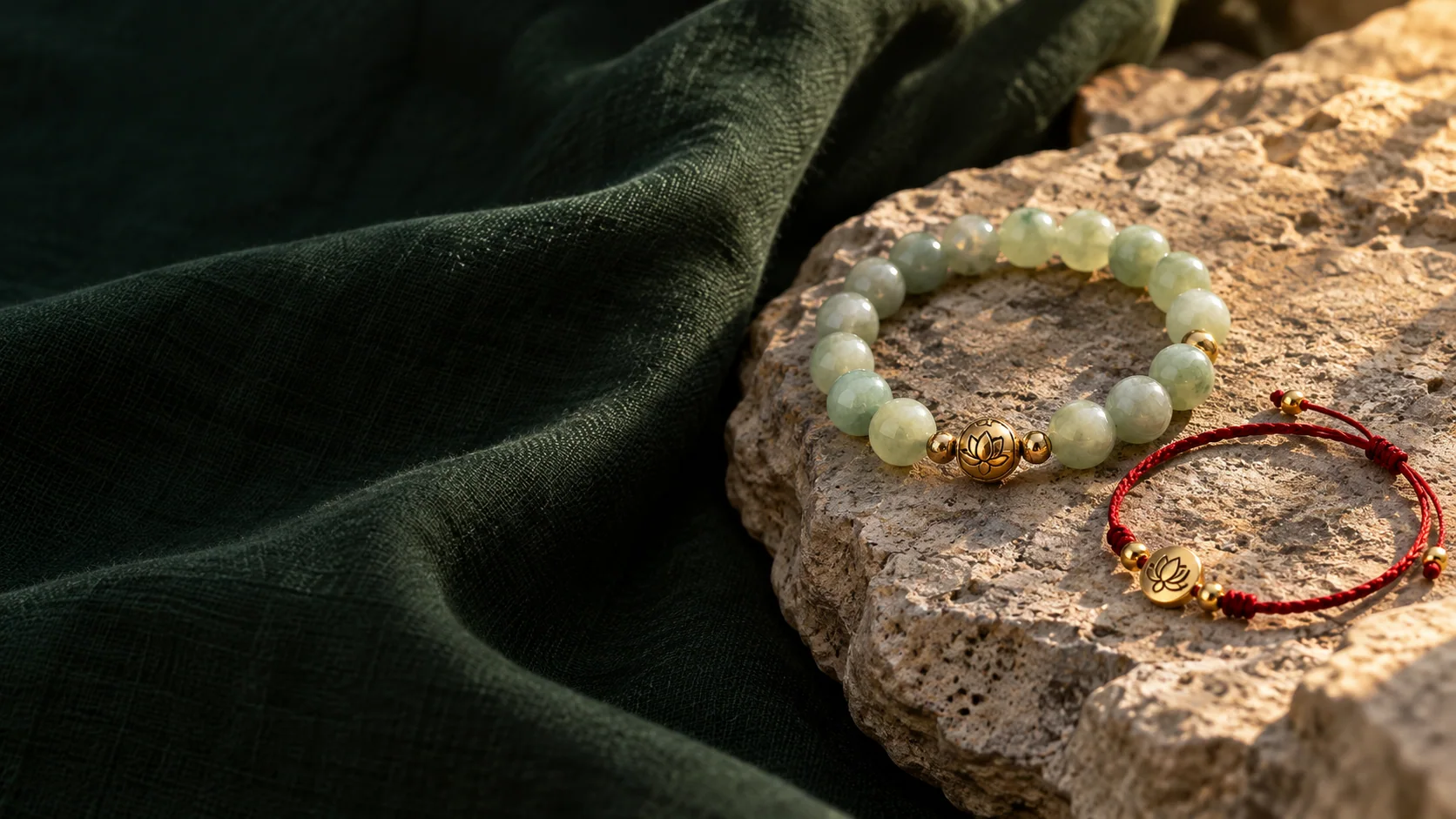 Jade bracelet and red cord on natural stone and green cloth