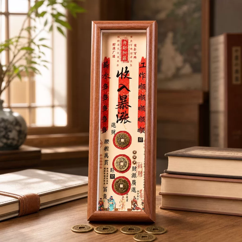 Wooden Taoist Wealth Vault Desk Ornament with Five Emperor Coins