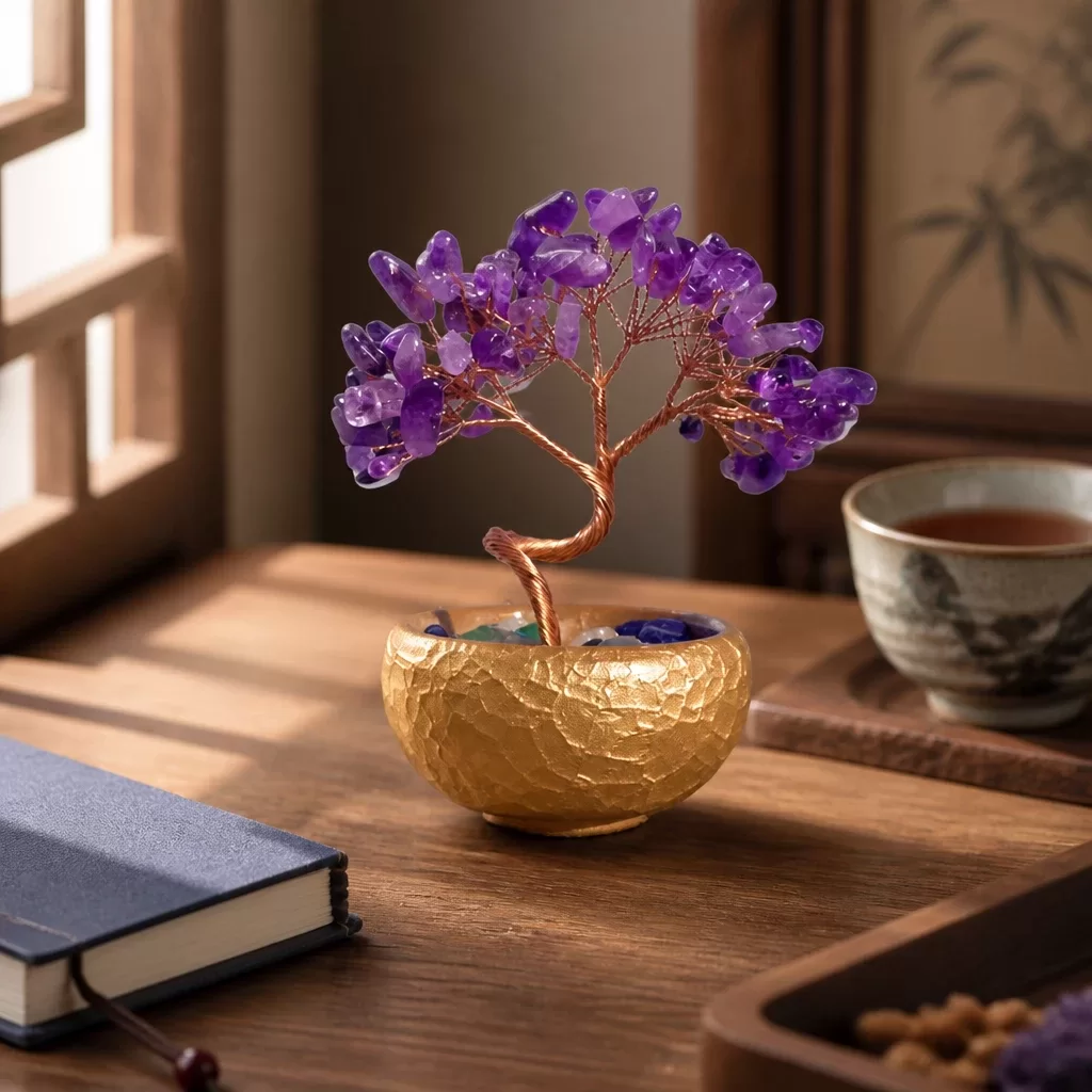 Amethyst & Clear Quartz Crystal Money Tree on Treasure Bowl Base