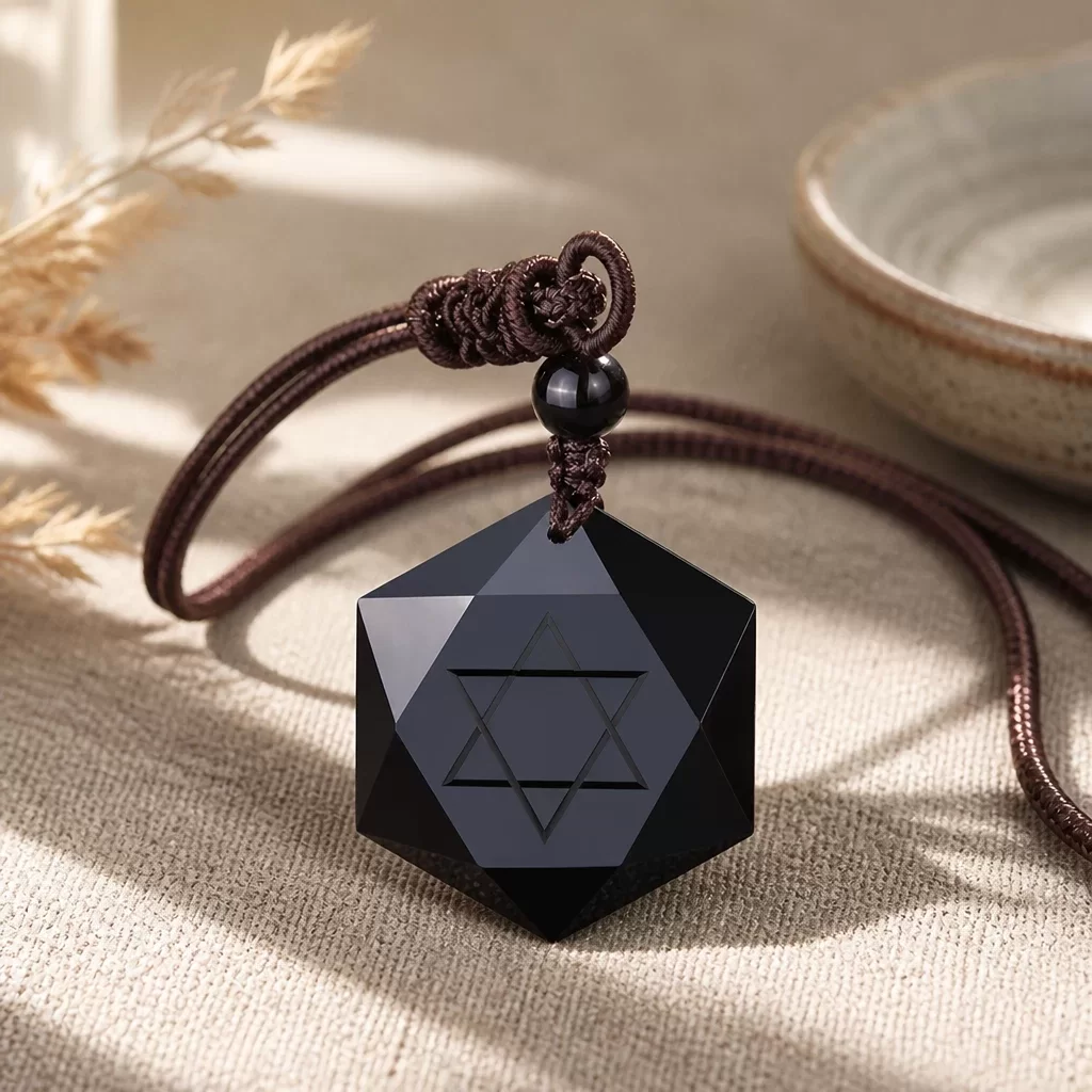 Obsidian Hexagram Pendant Necklace on Woven Cord